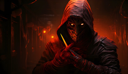 Man in Hood Holding Knife in Dark Alley: Crime Thriller Horror Stock Photo