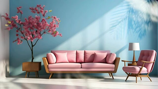 Soft blue modern living room with pink sofa and sakura flower at the morning scene. Loop animation video