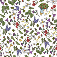 Seamless pattern. Garden set. Chicken, chick, garden, plants, flowers, doodle, creativity, hobby. Cute pattern for women. Drawing for clothes.