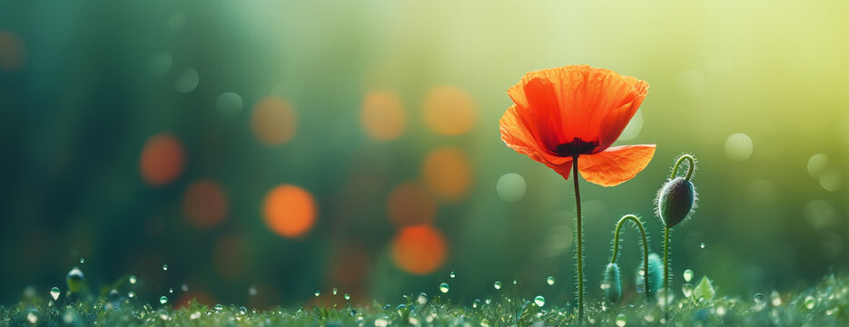 red poppy on green lawn. banner