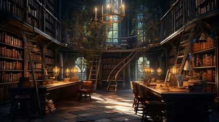 a room with a staircase and tables