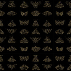 Seamless pattern with butterflies. Golden butterflies on a black background. Mysticism, silk, tarot, magic, luxury, moths, insects, fly. Luxurious pattern for clothes and women.
