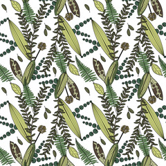 Seamless pattern with floral background. Leaves, plants, nature, greenery, fashion, fabric, design, doodle.