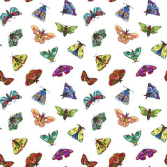 Seamless pattern with butterflies. Bright colored butterflies on a white background. Nature, silk, flight, wings, joy, luxury, moths, insects, fly. Luxurious pattern for clothes and women.