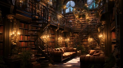 a room with a staircase and plants