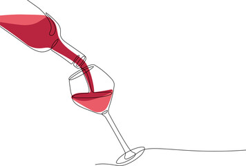 Continuous one line drawing of pouring wine from bottle into glass. Single line drawing of bottle with alcohol. Line art style for wine tasting event, restaurant menu, poster, banner. Sketch doodle