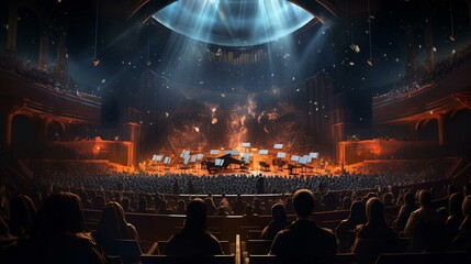 a stage with a crowd of people - obrazy, fototapety, plakaty