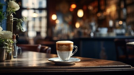 a cup of coffee on a table - obrazy, fototapety, plakaty