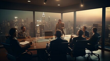 a group of people sitting around a table with a view of a city