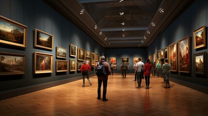 people standing in a museum with National Portrait Gallery, London in the background - obrazy, fototapety, plakaty