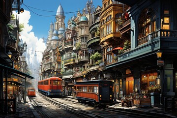 showcasing vibrant street life, with bustling markets, colorful street art, Generated with AI