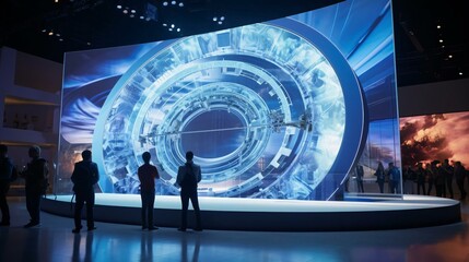 a group of people standing in front of a large circular object