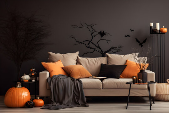Halloween room decoration with pumpkin that's creating celebrating mood on halloween day