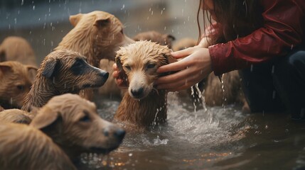 a person petting a group of dogs in water - obrazy, fototapety, plakaty