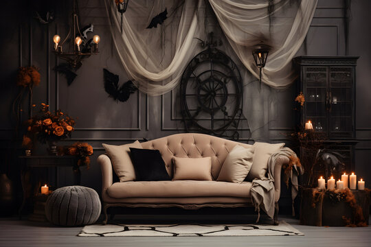 Halloween room decoration with pumpkin that's creating celebrating mood on halloween party 
