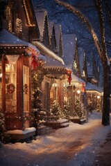 Fototapeta na wymiar Holiday lights twinkle on freshly fallen snow.