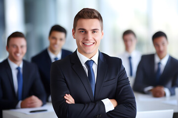 Happy young businessman attending a meeting with his team