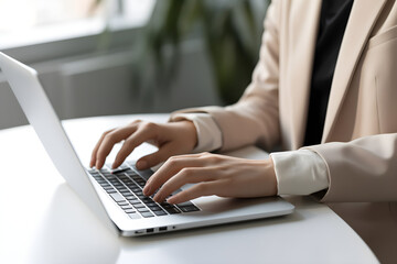 Close up of business woman hands working, typing on laptop computer keyboard, surfing the internet on office desk, online working, telecommuting, freelancer at work concept