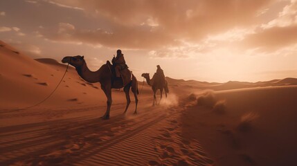 a group of people riding camels in the desert - Powered by Adobe