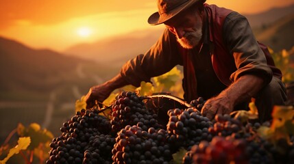 a man picking up a bunch of grapes