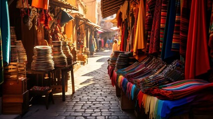 Fototapeta na wymiar a street with a row of colorful cloths and baskets
