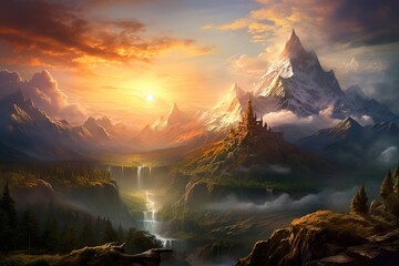 Capture the tranquility of a majestic mountain range as the sun rises, Generated with AI - 634933740