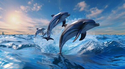 Fototapeta premium a group of dolphins jumping out of the water