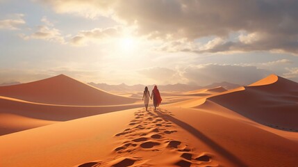 Fototapeta na wymiar a couple people walking in the desert
