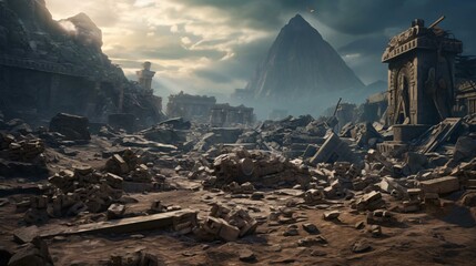 a video game showing ruins of a building and a mountain - obrazy, fototapety, plakaty