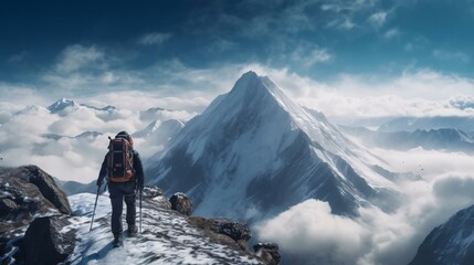 Naklejka na ściany i meble a person hiking on a snowy mountain