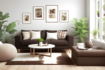 Fototapeta premium Interior design of living room interior with empty frames, brown sofa, plants, wooden coffee table, lamps, balls, stylish rug, plaid, pillows and personal accessories. Home decoration. template.