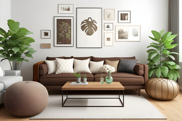 Interior design of living room interior with empty frames, brown sofa, plants, wooden coffee table, lamps, balls, stylish rug, plaid, pillows and personal accessories. Home decoration. template.