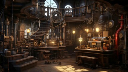 a room with tables and benches