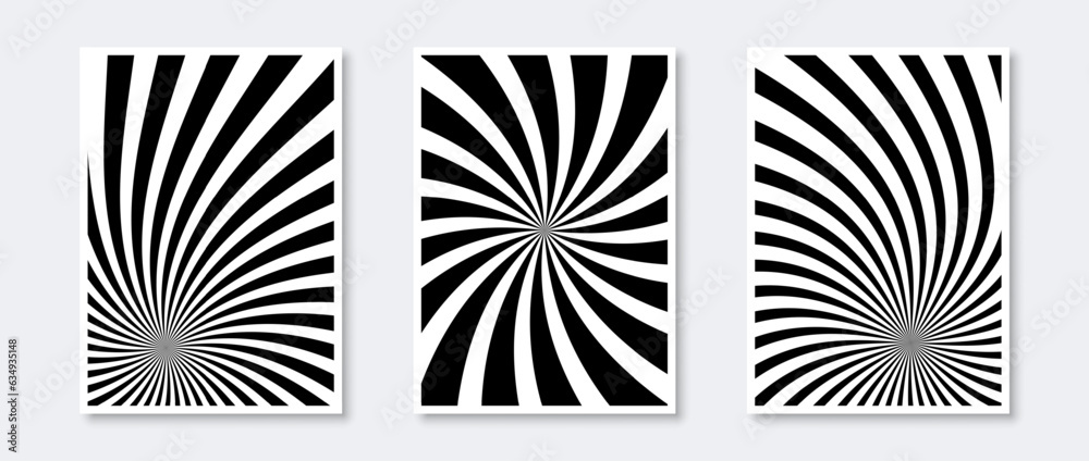 Sticker abstract sunburst posters collection. radial sun beams graphic elements set. black and white minimal