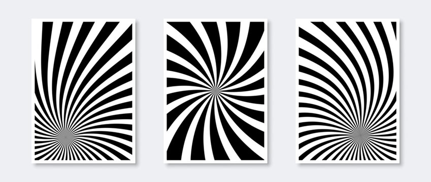 Abstract sunburst posters collection. Radial sun beams graphic elements set. Black and white minimalistic retro style templates for cover, banner, invitation, flyer. Optical art wallpaper pack. Vector