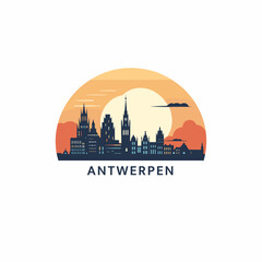 Belgium Antwerpen cityscape skyline city panorama vector flat modern logo icon. Flemish Antwerp emblem idea with landmarks and building silhouettes at sunrise sunset