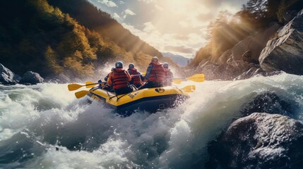 a group of people in a raft on a river - obrazy, fototapety, plakaty