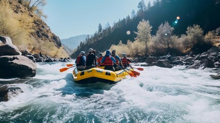a group of people in a yellow kayak on a river