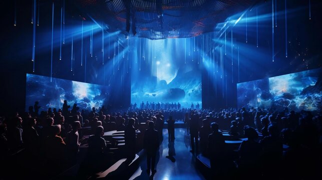 a group of people in a room with a stage and lights
