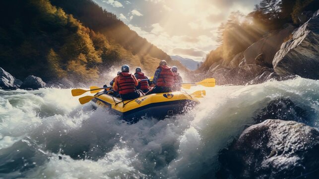 a group of people in a raft on a river