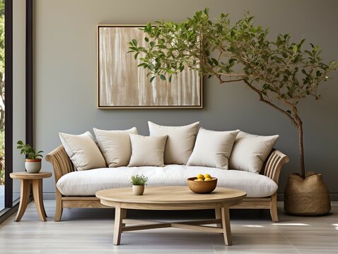 The interior of the clean living room is adorned with a sofa with modern furniture with plant pots and a natural atmosphere.