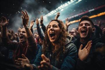 Sport fans cheer and celebrating a winning tournament in stadium. Generative AI - obrazy, fototapety, plakaty