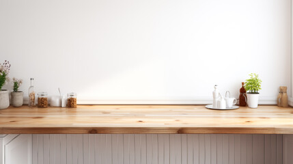 Wooden light empty table top in modern white kitchen, kitchen panel in interior. Scene showcase, banner