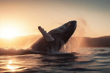 An impressive humpback whale showcasing its strength and agility by breaching out of the ocean. A true marvel of marine life. Is AI Generative.