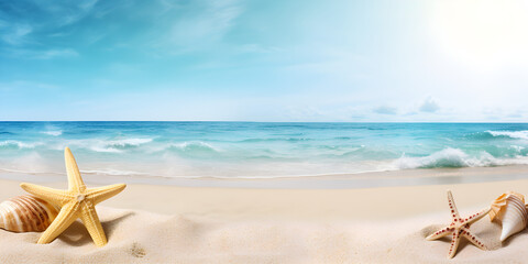 Fototapeta na wymiar summer holiday on tropical sea sandy beach; banner design with copy space