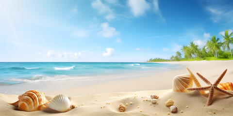 Obraz na płótnie Canvas summer holiday on tropical sea sandy beach; banner design with copy space