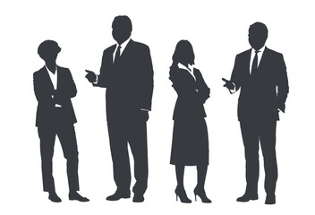 Business people group gray silhouettes pose on white background, flat line vector and illustration.