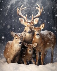 Animals huddling together for warmth in snowstorm.