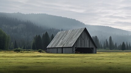 minimalist grey wooden barn in mountain meadow.