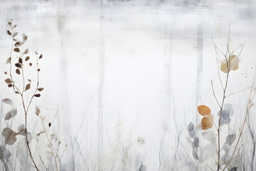 minimalist natural Scandinavian style winter banner with forest elements such as twigs, lichens, and dry leaves on a distressed white wooden background, flat lay / top view